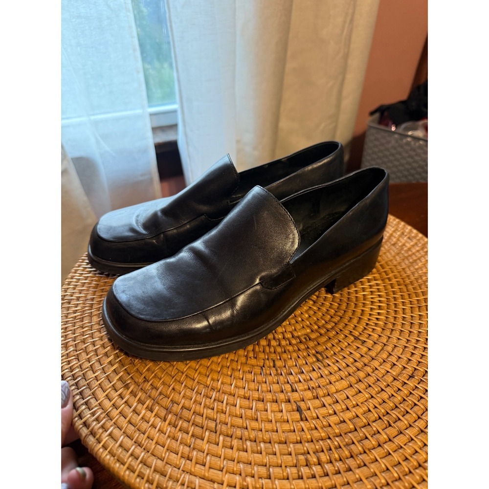 Franco Sarto Bocca Black Leather Square Toe Loafers Block Heel Womens 8M